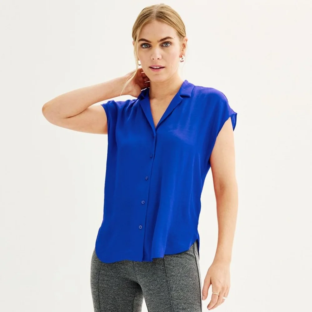 Nine West Royal Blue Button-Down Short Sleeved Shirt - Picture 1 of 9